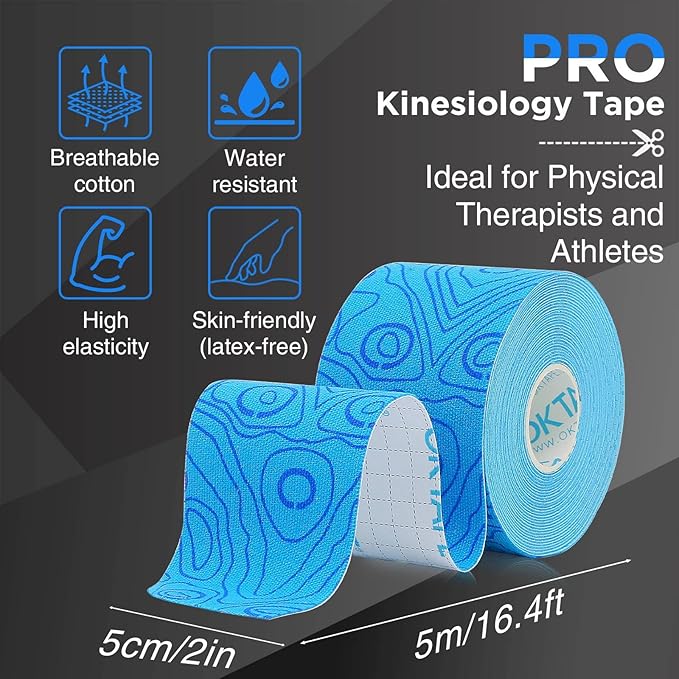 OK TAPE PRO Kinesiology Tape Uncut Roll, Elastic Physical Therapy Athletic Tape for Pain Relief, Muscle Support, Kinetic Tape, Water Resistant, 2in X 16.4ft -Blue 2 Rolls