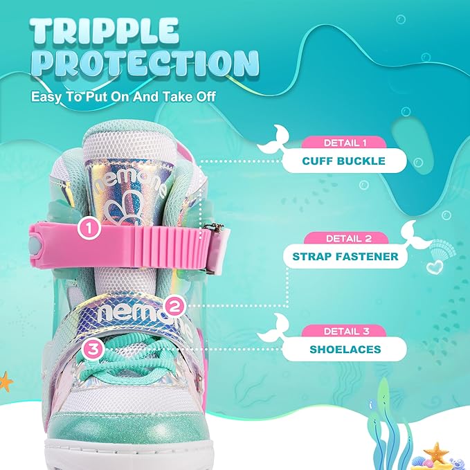 NEMONE Mermaid Inline Skates, 4 Sizes Adjustable Skates for Girls Kids with Light up Wheels, Indoor Beginner Outdoor for Kids Ages 4-6 5-8 6-12 8-12