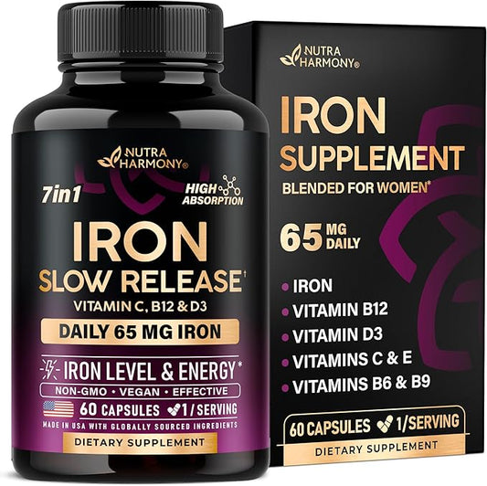 Iron Supplement for Women - Iron 65mg (Ferrous Sulfate 325mg) - Stomach Friendly | Slow Release Iron | High Absorption - Vitamins C, D3, B6, B12 & Folate - Iron Level & Energy Support - 60 Capsules