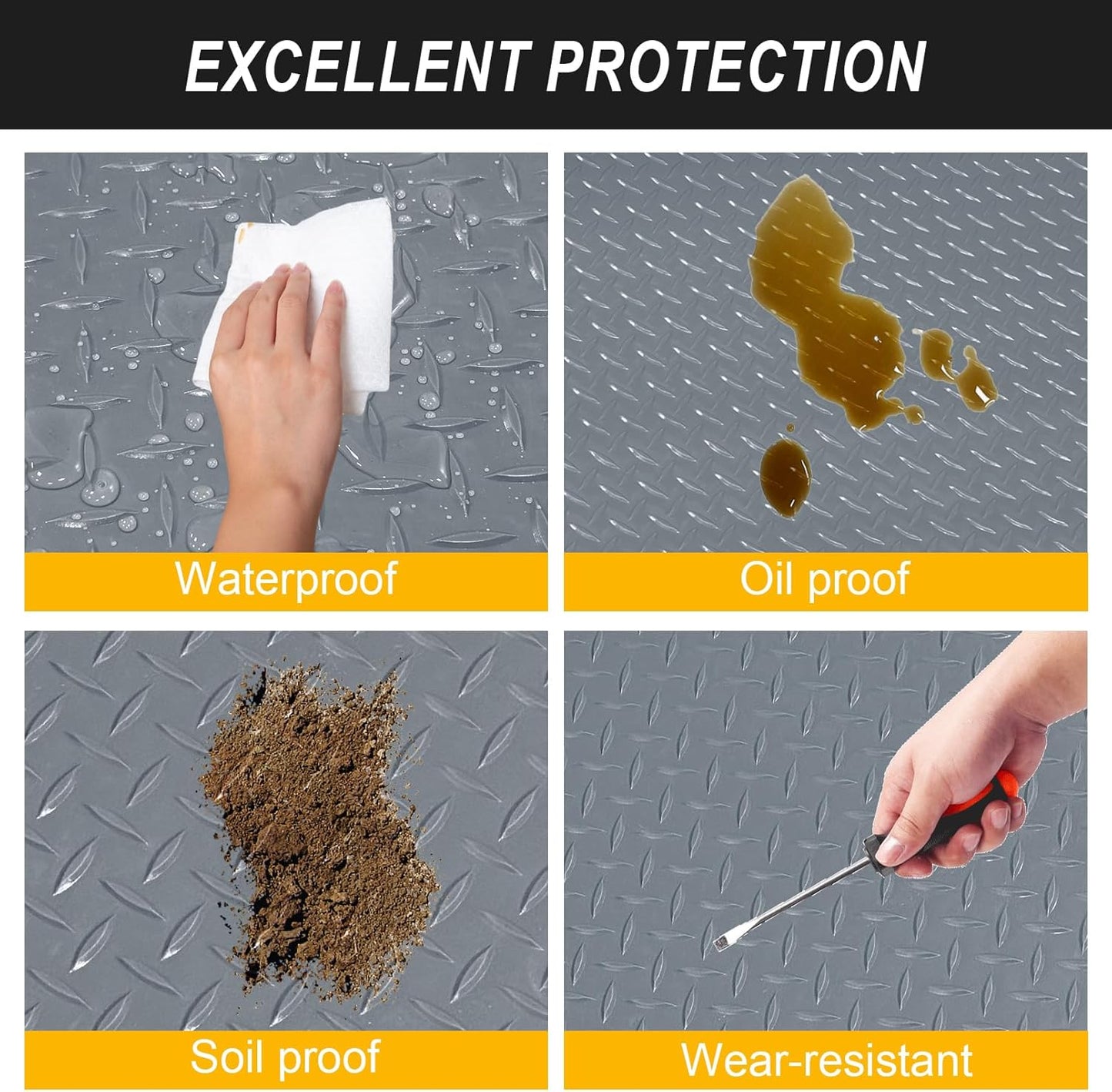 4x10FT Garage Floor Mat, 2.8mm Thickened Flooring Roll for Under Car, Golf Cart Parking Mat, Diamond Plate PVC Rubber Motorcycle Mat, Non-Slip Floor Protector for Garage Warehouse Trailer, Grey