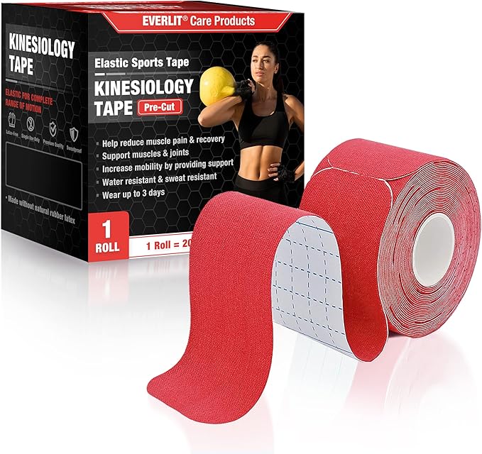EVERLIT [Single] Pre-Cut Elastic Cotton Kinesiology Therapeutic Athletic Sports Tape, For Pain Relief And Support, 20 Precut 10” Strips (Red)