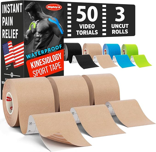 Waterproof Kinesiology Tape - [3 Rolls] - Kinetic Tape - Joints Support & Muscle Pain Relief - 16.4 ft Uncut Knee Tape + 50 Videos - Beige Muscle Tape