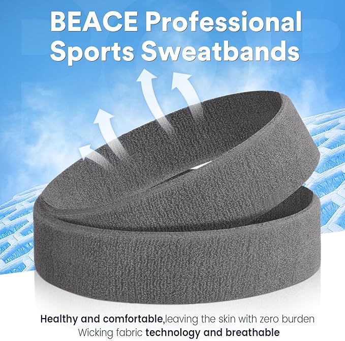 BEACE Sweatbands Sports Headband for Men & Women - Moisture Wicking Athletic Cotton Terry Cloth Sweatband for Tennis, Basketball, Running, Gym, Working Out