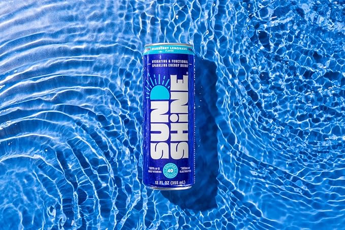 Sunshine Sparkling Energy Drink, Blueberry Lemonade with Daily Essential Vitamins, 360mg of Electrolytes, 70mg of Natural Caffeine, 12 Fl Oz (Pack of 12)