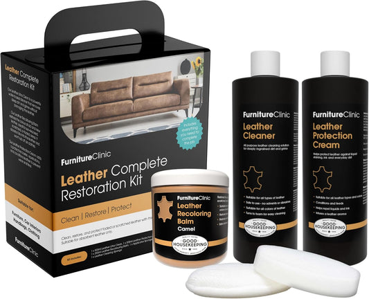 Furniture Clinic Leather Complete Restoration Kit | with Leather Recoloring Balm, Cleaner, 2-in-1 Protection Cream & Conditioner, Sponge, and Cloth | Repair Kit for Furniture (Camel)