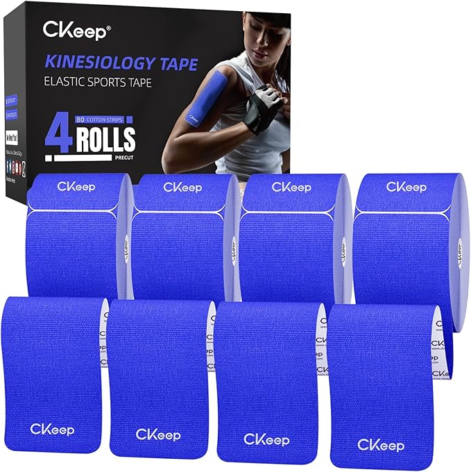 CKeep 4 Rolls Kinesiology Tape, Original Cotton Elastic Athletic Tape, 20 Precut 10" Strips Each, Blue, Ideal for Muscle Support & Injury Prevention