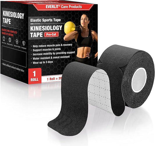 EVERLIT [Single] Pre-Cut Elastic Cotton Kinesiology Therapeutic Athletic Sports Tape, for Pain Relief and Support, 20 Precut 10” Strips (Black)