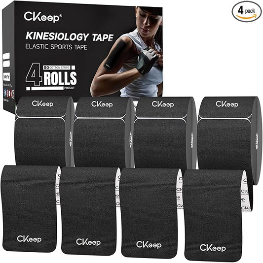 CKeep 4 Rolls Kinesiology Tape, Original Cotton Elastic Athletic Tape, 20 Precut 10" Strips Each, Black, Ideal for Muscle Support & Injury Prevention