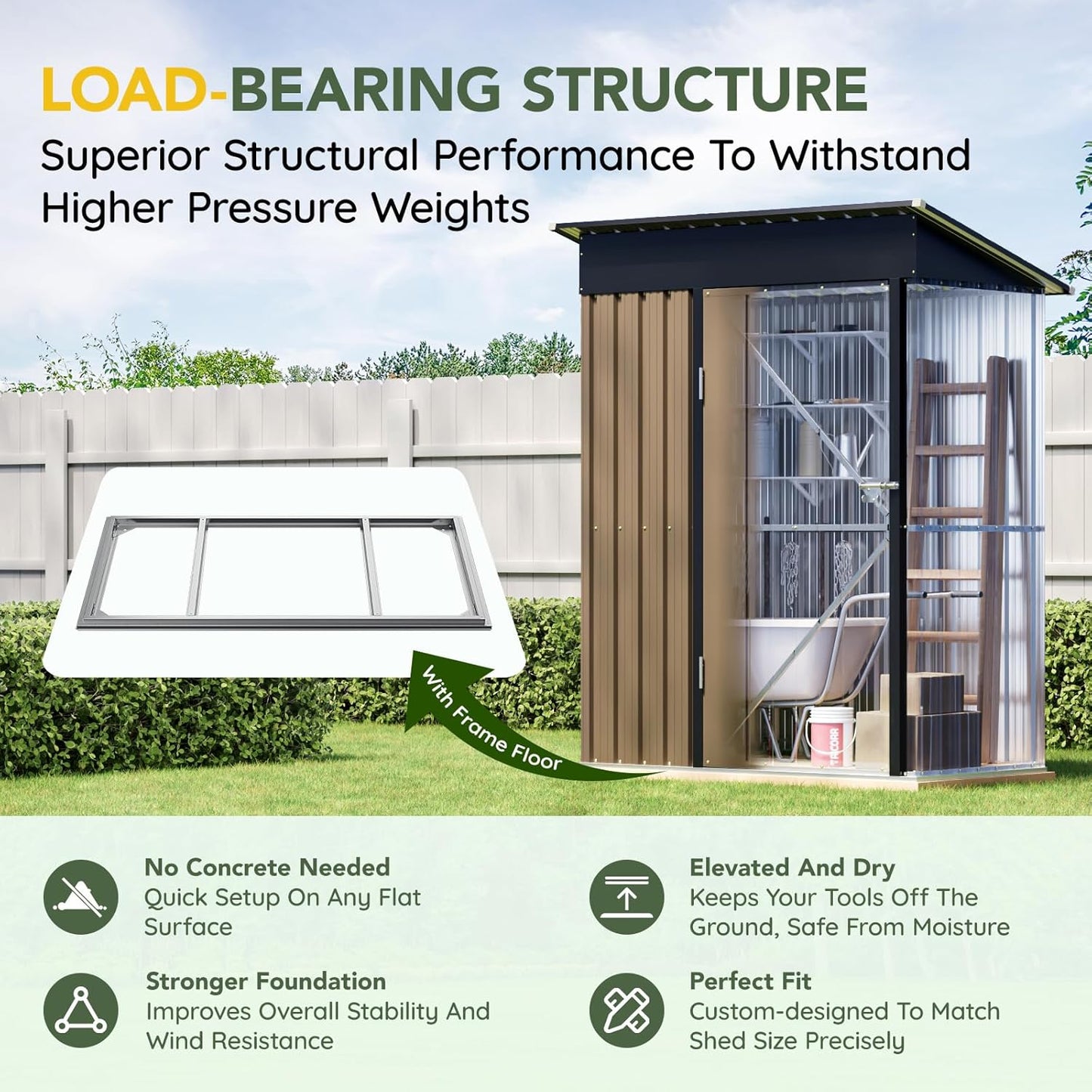 5x3FT Outdoor Steel Storage Shed with Floor Frame, Lockable Doors, Compact Metal Tool Shed for Garden, Backyard, Patio, Utility, and Bike Storage,Brown