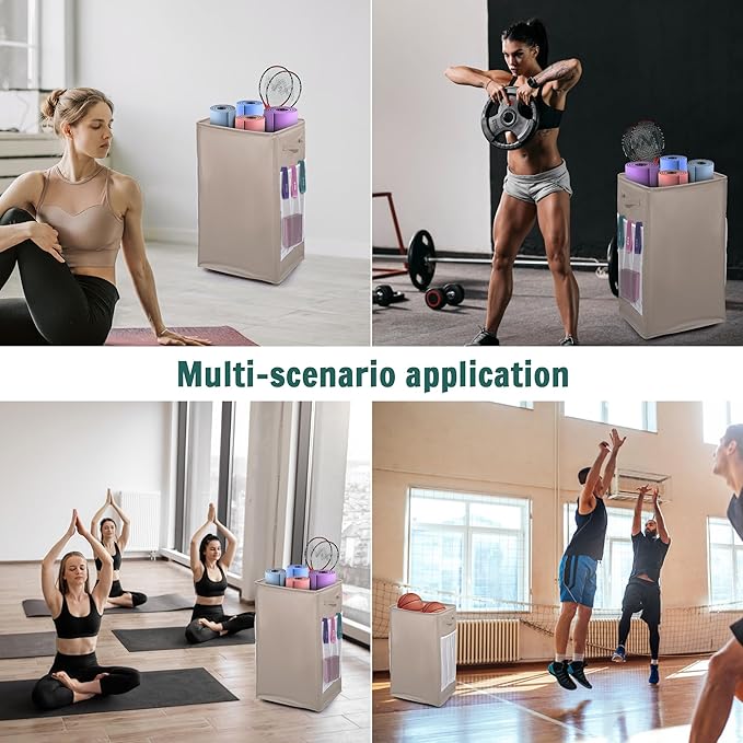 Yoga Mat Storage Racks, Home Gym Storage Rack with Wheels, Yoga Mat Holder Side 2 Mesh Pockets, Yoga Storage Basket Holds 4 Yoga Mats, 2 Foam Rollers, 6 Resistance Bands