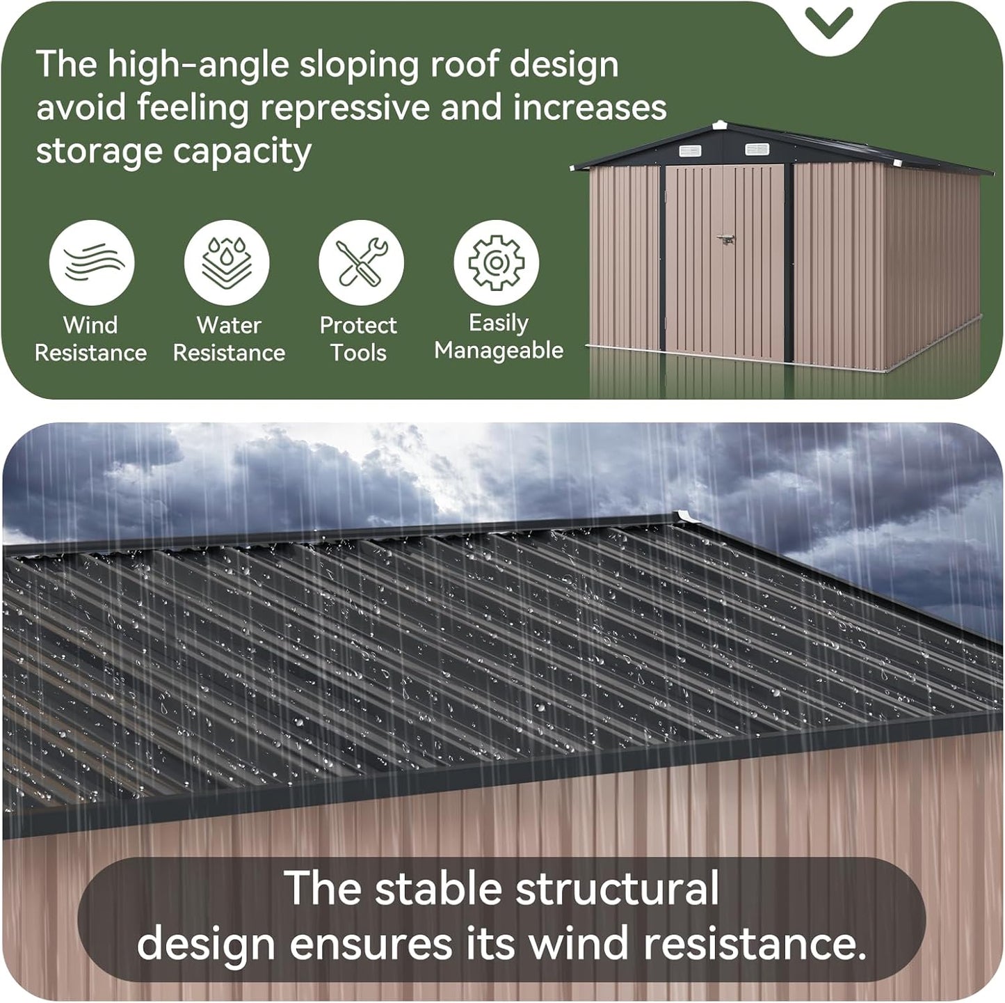 Aoxun 10 x 12FT Outdoor Storage Shed with Base Utility Garden Shed with Lockable Door & Sloped Roof Metal Sheds Outdoor Storage for Garden, Backyard, Patio and Backyard,（Brown/Base Included）