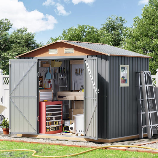 8x6FT Metal Shed & Outdoor Storage Shed, Steel Tool Multi-Used Shed with Vents,Lockable Doors,Window,Compact Tool Shed for Backyard, Patio, Lawn and Garden Various Storage(Matte Gray)