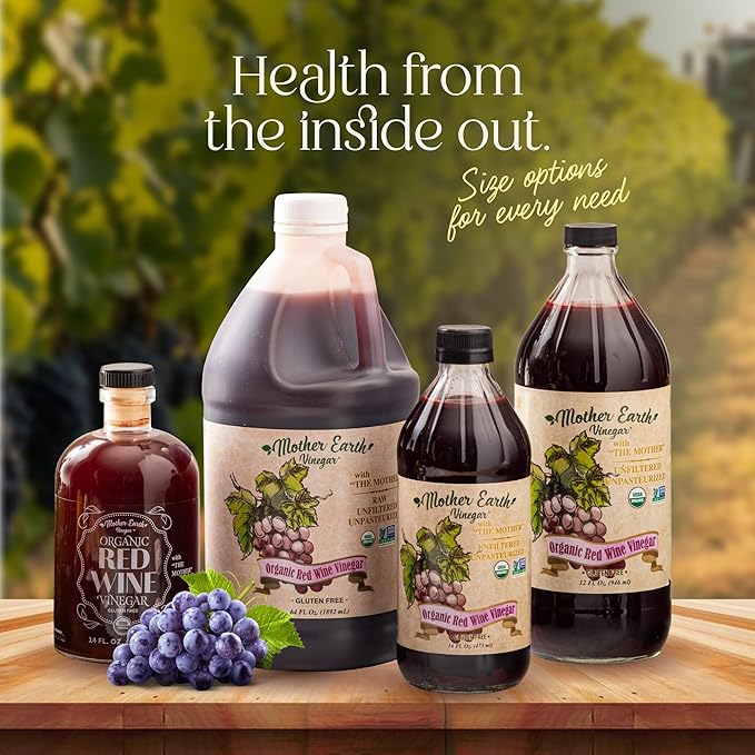 Mother Earth, Organic Red Wine Vinegar with The Mother, Fresh Pressed Organic Cabernet Grapes, ORWV, RWV, Raw, Unpasteurized, Unfiltered (1/14oz Apothecary Glass Bottle with Pour Spout)