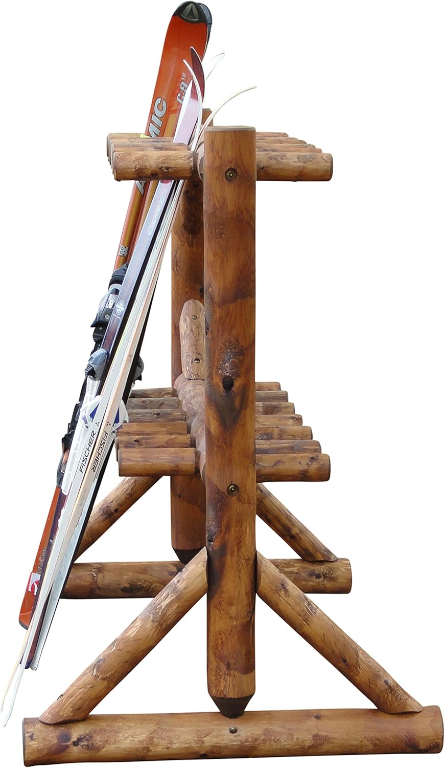 11-Place Freestanding Log Ski Rack Holder, Indoor & Outdoor Snowboard Racks, Standing Storage, Garage Racks for Snow Skis, Durable Snowboard Rack Garage Storage Organizer-Canyon Brown + 15" Anchor Kit