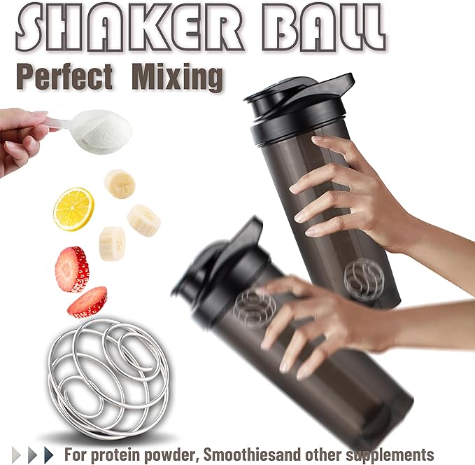 ShakerZoo-6 Pack-Protein Shaker Bottles for Protein Mixes, Shaker Cups for Protein Shakes, 3 pcs 24 ounce and 3 pcs 20 ounce (Black)