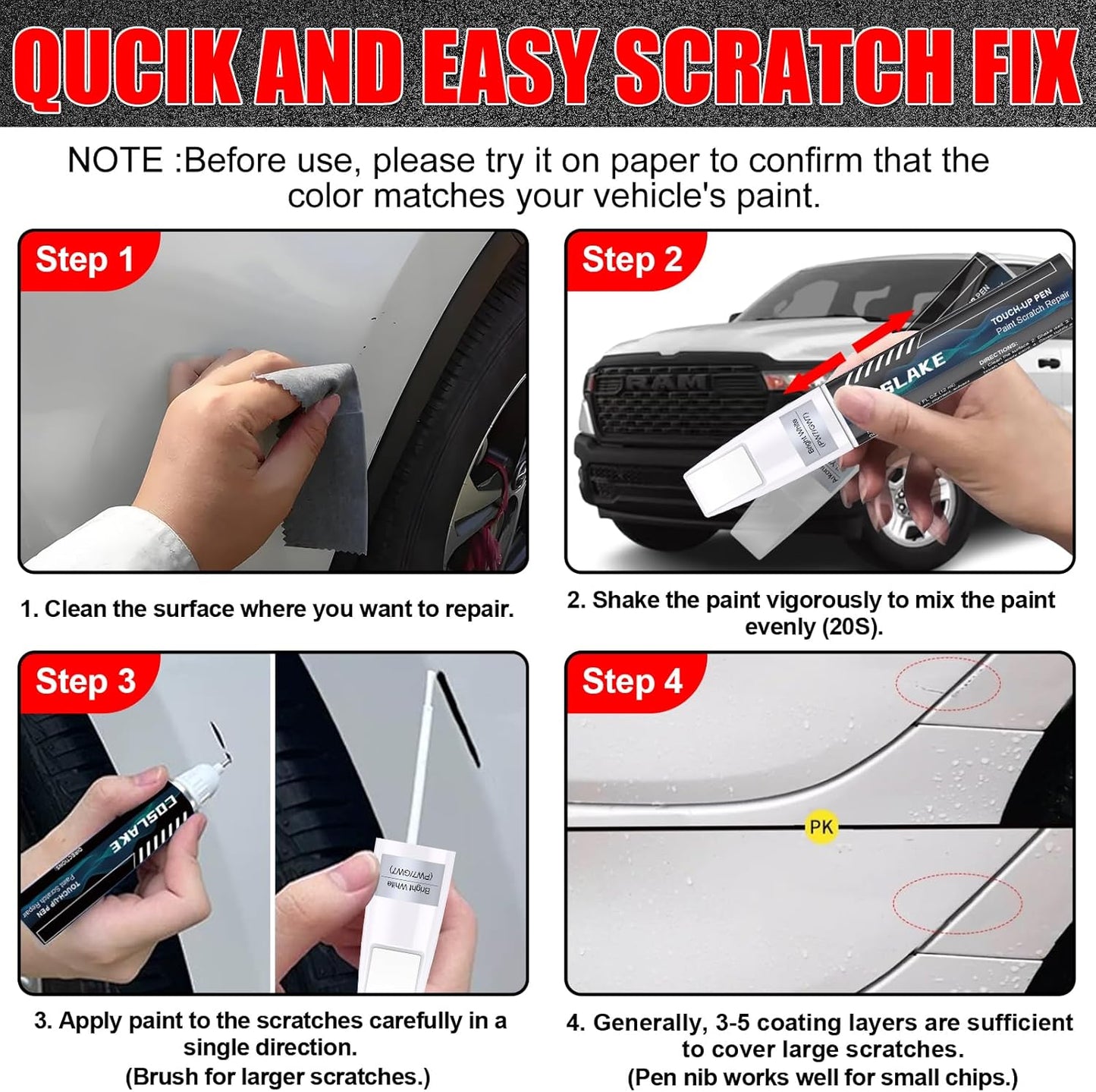 Car Touch Up Paint(Billet Silver Metallic(PSC/JSC)) for Dodge Ram, Car Paint Scratch Repair Kit, Quick & Easy Solution to Repair, Scratch Remover Pen with 2PCS Disposable Micro Applicators