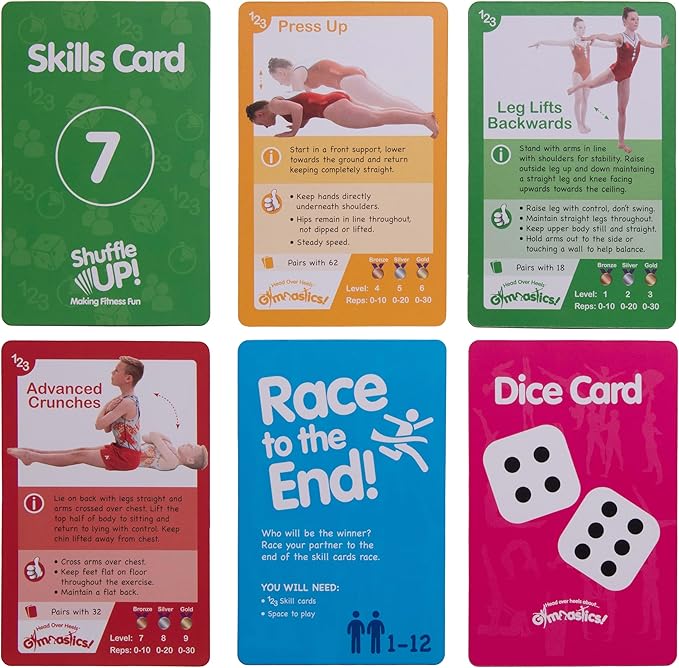 Shuffle Up Gymnastics Card Games - 70+ Fun & Active Skills Cards for Kids, Fitness Cards Develop Fundamentals, Stamina & Strength, Easy to Play for Kids | Multiple Skills Level Cards Include 2 Dices