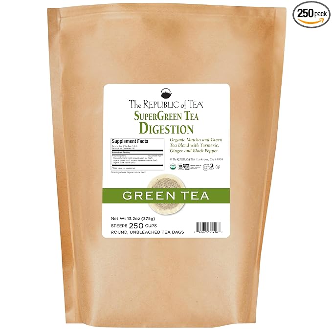The Republic of Tea - Organic Digestion SuperGreen Tea Bulk Bag, 250 Tea Bags, Naturally Caffeinated Japanese Matcha and Green Tea