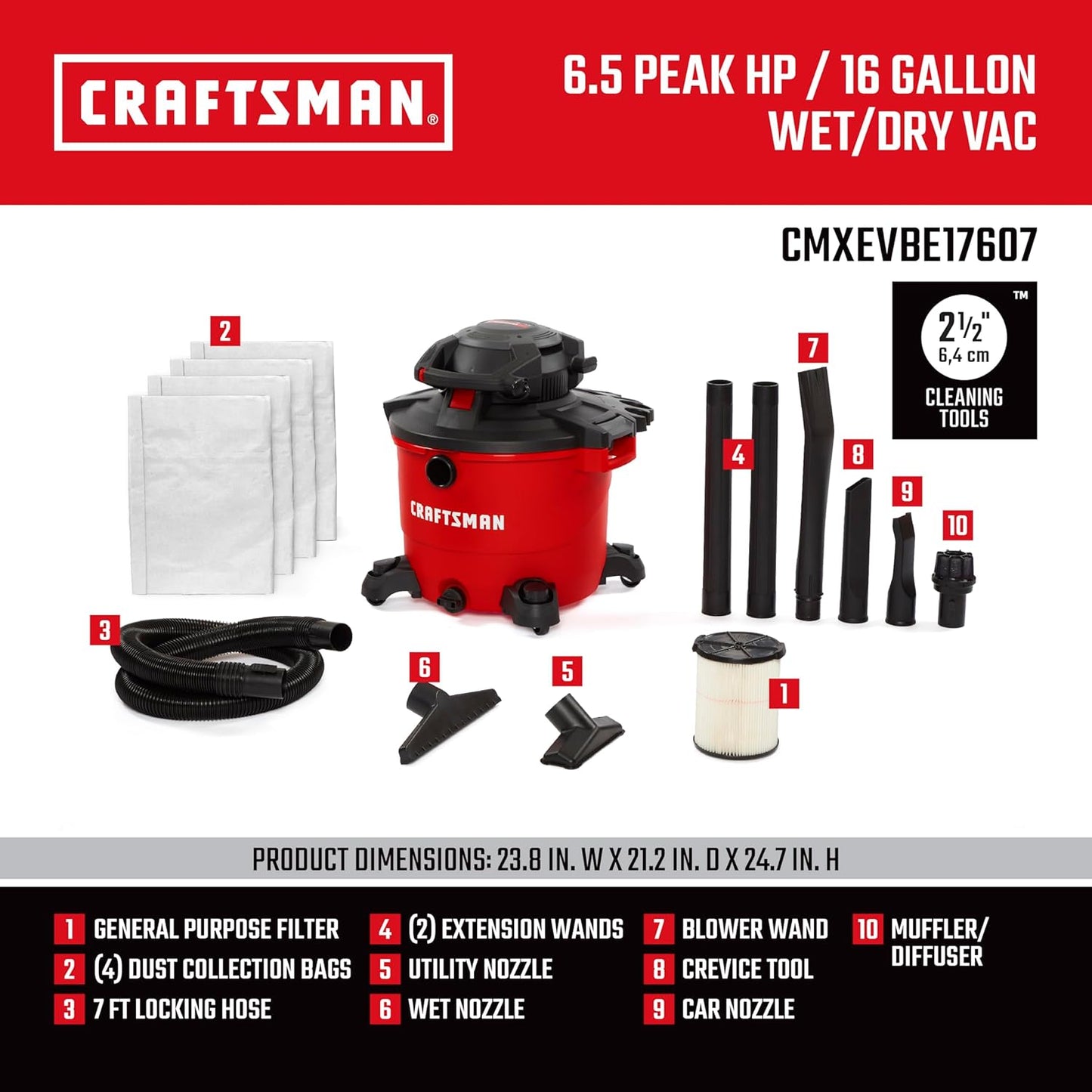 CRAFTSMAN CMXEVBE17607 16 Gallon 6.5 Peak HP Wet Dry Vac with Detachable Leaf Blower, Portable Shop Vacuum Wet and Dry with Filter, Dust Bags, Hose and Attachments for Garage, Outdoor Cleaning