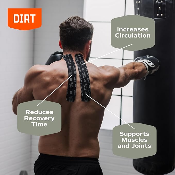 DIRT Tape-Pre Cut Athletic Kinesiology Tape-Muscle Pain Relief & Joint Support-Premium Elastic Cotton-Latex-Free-Water Resistant-Gym, Indoor & Outdoor Sports-2 Single roll (16.4 ft)-Black