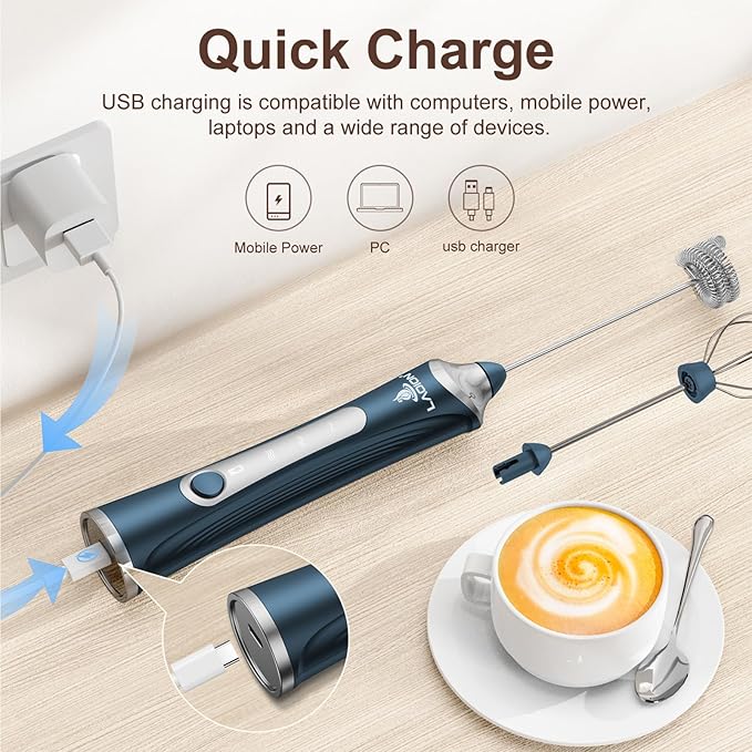 Rechargeable Frother Wand with Stand, Milk Frother with Detachable Stainless Steel Double Rings Whisk, 3-Speed Handheld Electric Drink Mixer for Lattes, Cappuccino, Coffee (Dark Blue)