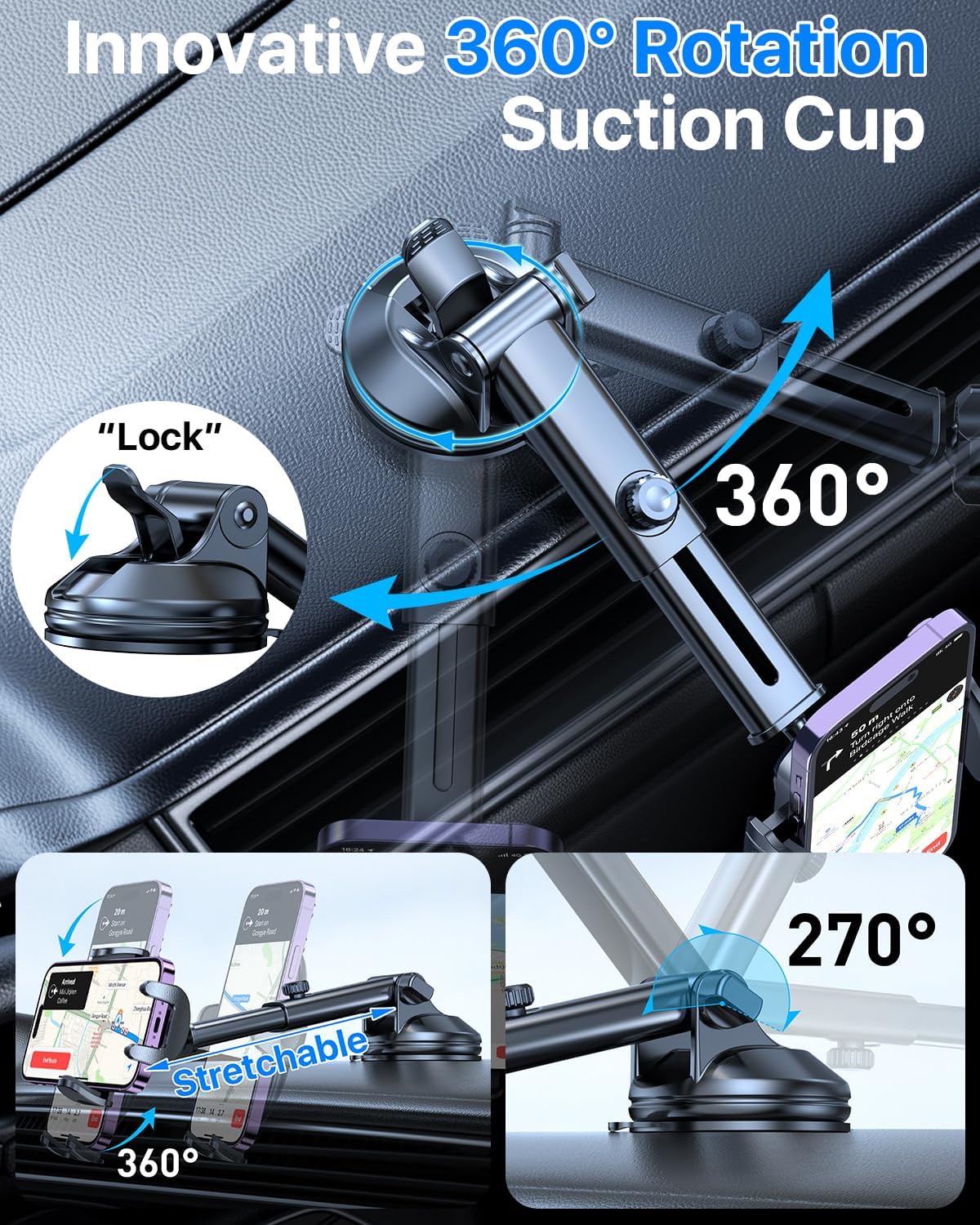 YRU [2025 Upgrade Extreme Strong Suction] Car Phone Holder Mount,[Bumpy Road Stable] Dashboard Cell Phone Holder for Car Vent Windshield Phone Stand for iPhone 16 15 14 13 Pro Max Samsung Truck, Blue