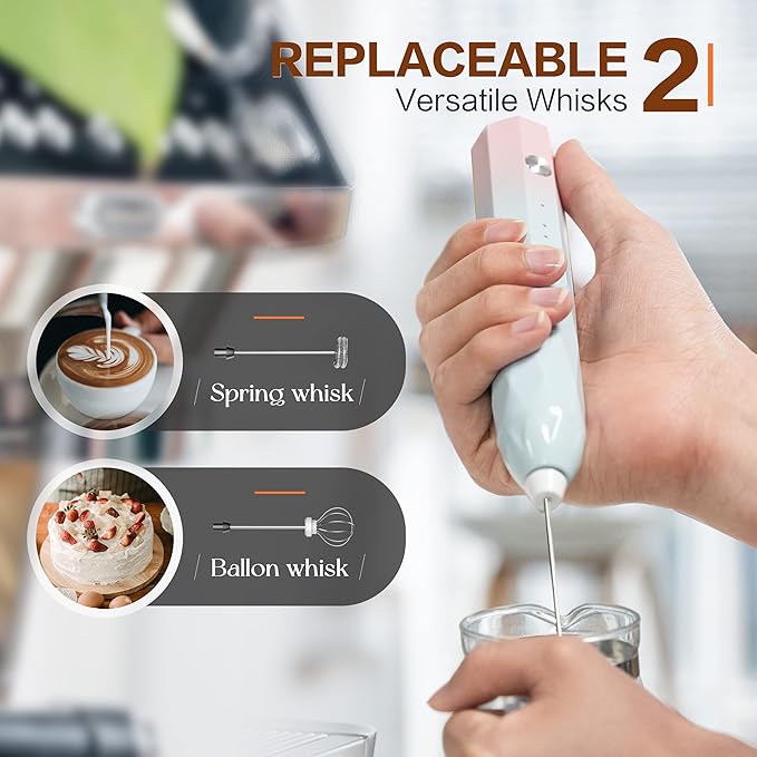 Milk Frother Rechargeable Handheld Electric Whisk Coffee Frother Mixer with 2 Stainless whisks 3 Speed Adjustable Foam Maker Blender for Coffee Matcha Latte Cappuccino Hot Chocolate (BluePink)