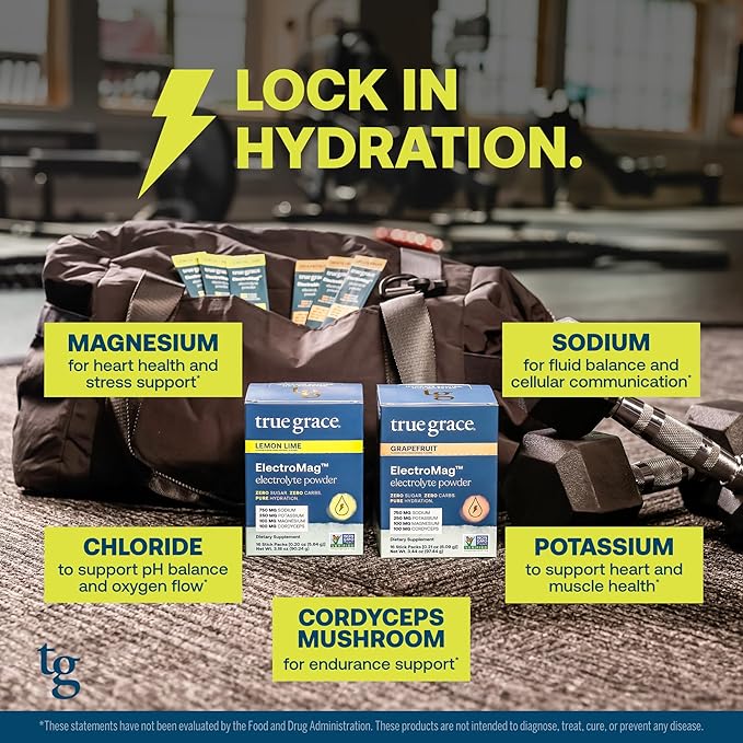 True Grace ElectroMag - Grapefruit (16 Stick Packs) + Lemon Lime (16 Stick Packs) - Electrolyte Powder for Rapid Hydration - Zero Sugar & Carbs - Non-GMO - 32 Total Servings