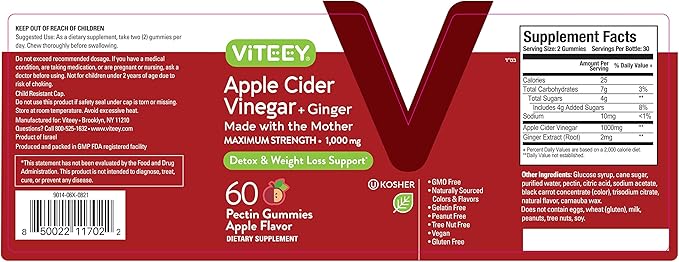 Viteey Apple Cider Vinegar Gummies and Ginger – 1000 mg ACV Gummies for Weight Loss, Detox and Digestion – Vegan, Gluten-Free – 120 Count
