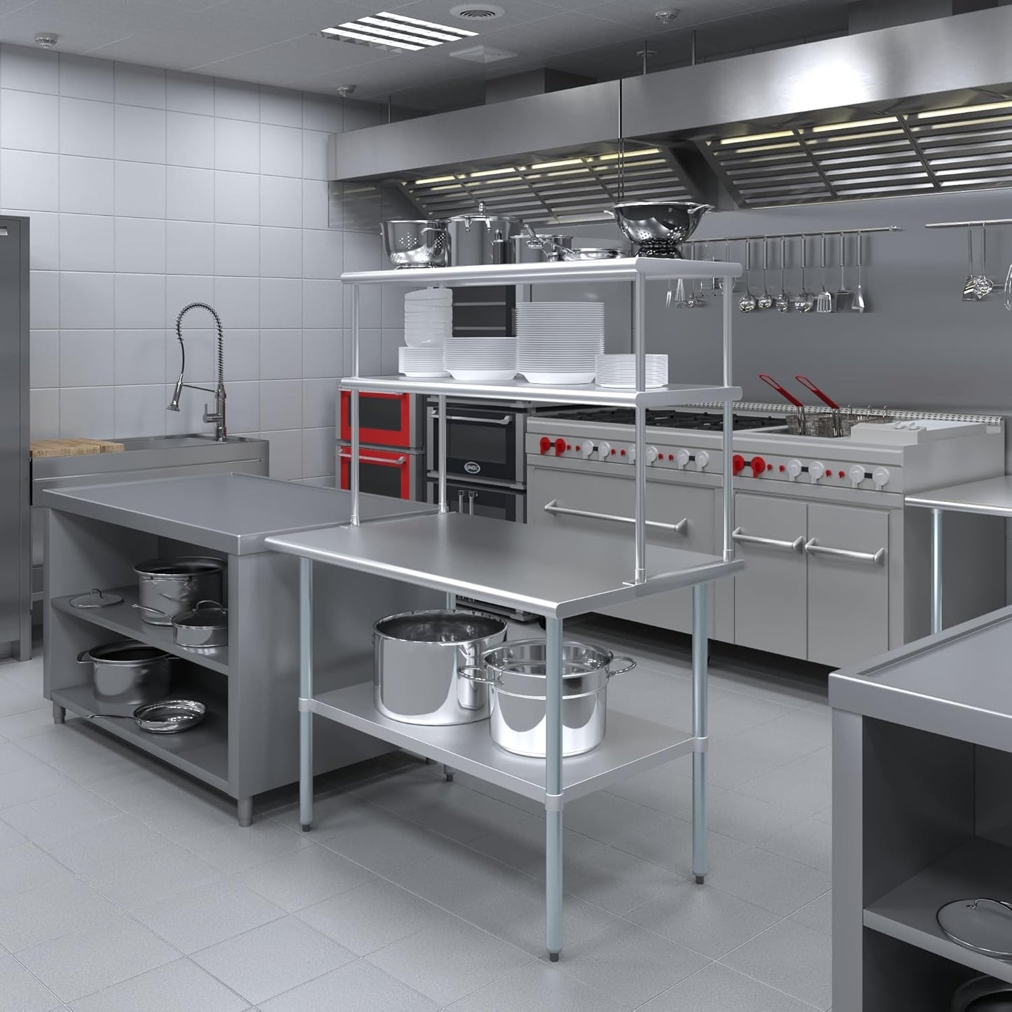 Amgood Stainless Steel Work Table Double Tier Overshelf | 30" x 48" Work Table + 18" Overshelf