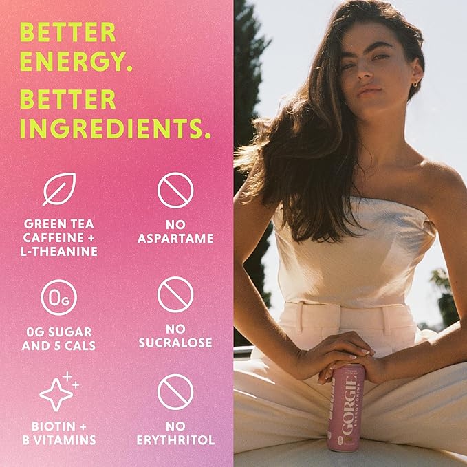 GORGIE Original Variety, Sugar-Free Natural Energy Drink Sparkling, Healthy Energy Drinks - Green Tea, Biotin, B Vitamins -150mg Caffeine, Vegan, & Low Calorie (Pack of 12)