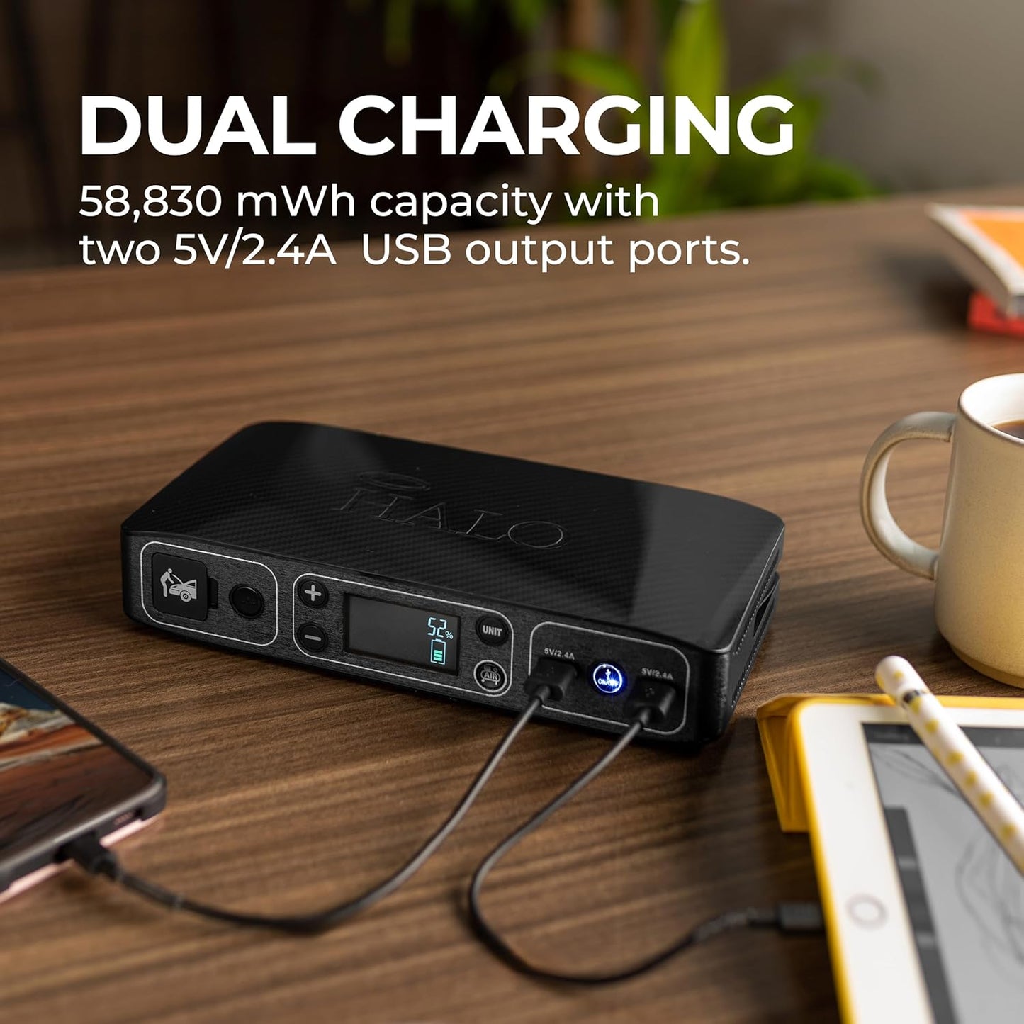 HALO Bolt Air 58830 Portable Car Battery Jump Starter | 100 PSI Air Compressor, 58.8Wh USB Power Bank, Emergency Floodlight & Charger, Jumps Cars SUVs & Trucks, Inflates Tires, TSA Approved — Black