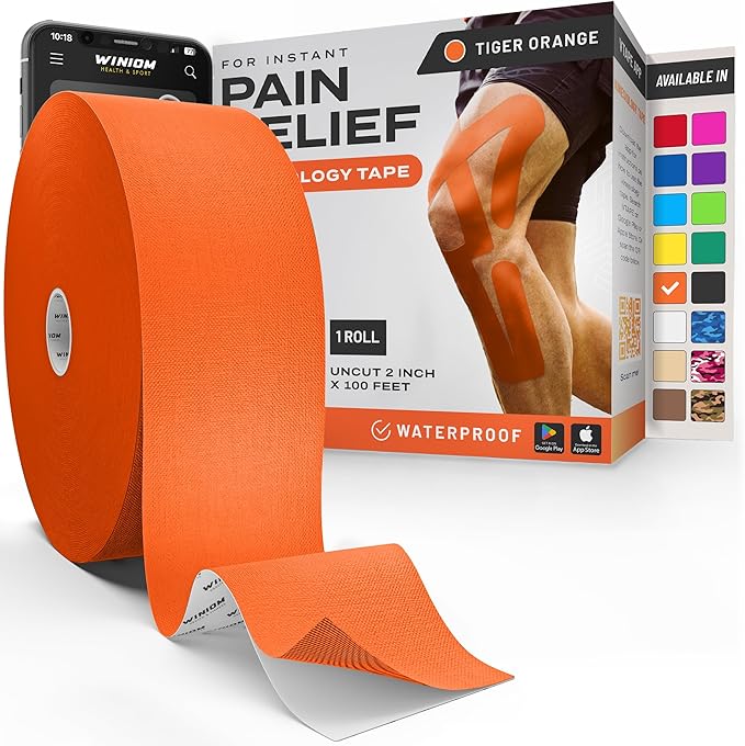 Kinesiology Tape-Incredible Support for Athletic Sports and Recovery + Free Taping Guide-Uncut 2 inch 100 feet Roll (Tiger Orange + Free Taping Guide, Pack of 1)
