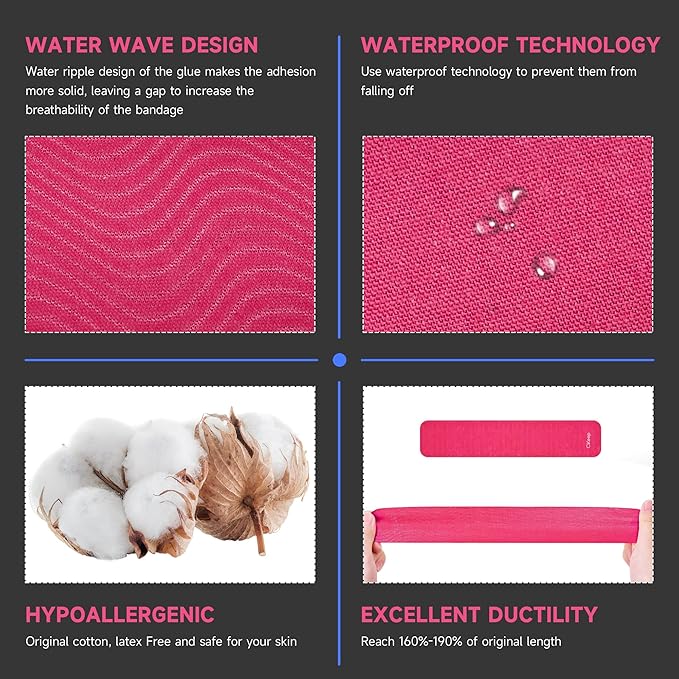 CKeep Uncut Kinesiology Tape(2 Rolls), Original Cotton Elastic Premium Athletic Tape,Latex Free Hypoallergenic, 2inch x 16ft, Pink