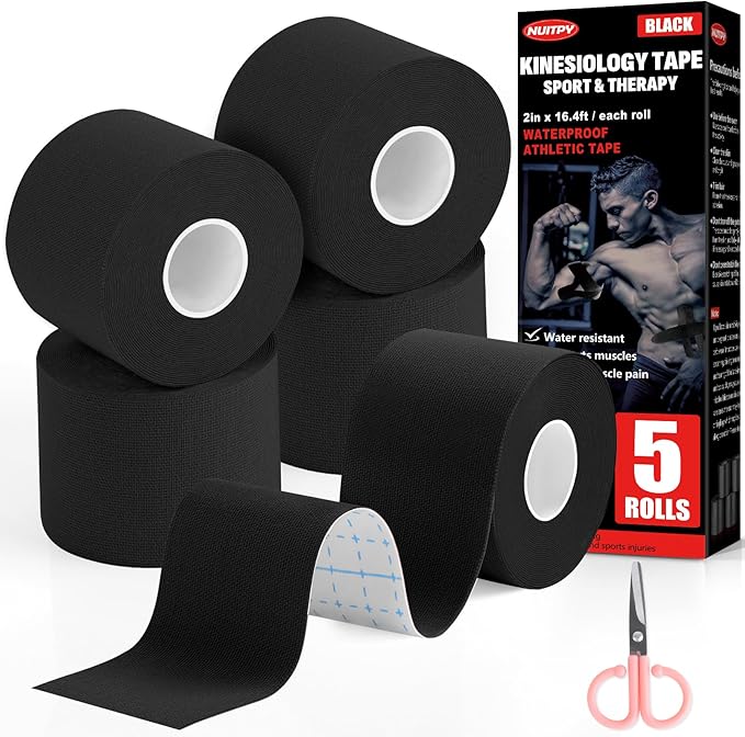 5 Rolls Kinesiology Tape, 2 inch x 16.4 Feet Waterproof Athletic Tape, Uncut Kinetic Tape, Muscle Tape, Sports Tape, Knee Tape for Exercise and Daily Use - Black