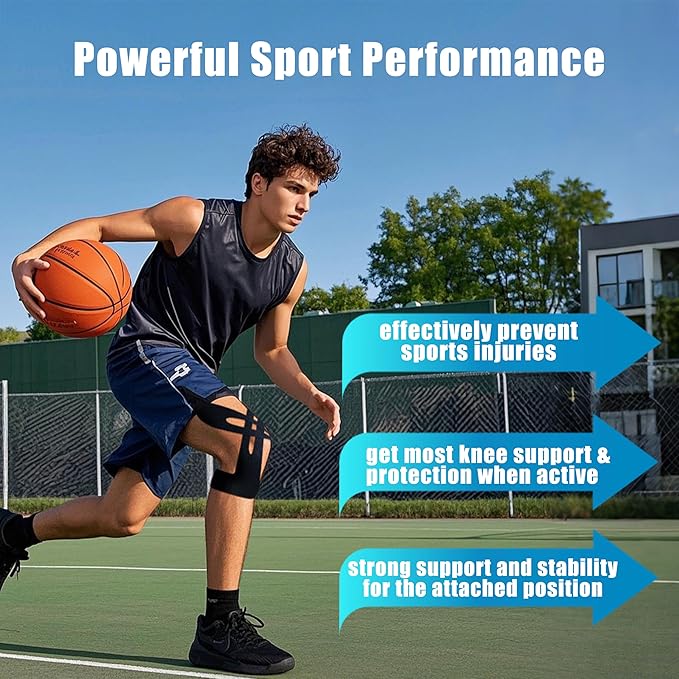 Precut Kinesiology Tape for Knees,12 Pcs – Elastic Knee Support & Stability, Pain Relief – Waterproof, Breathable, Hypoallergenic Athletic Tape (Black)