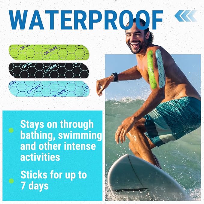 OK TAPE Synthetic Kinesiology Tape, 20 Strips, Precut K Tape, Performance Elastic Athletic Tape for Pain Relief & Muscle Support, Waterproof, 2" x 10" -Blue