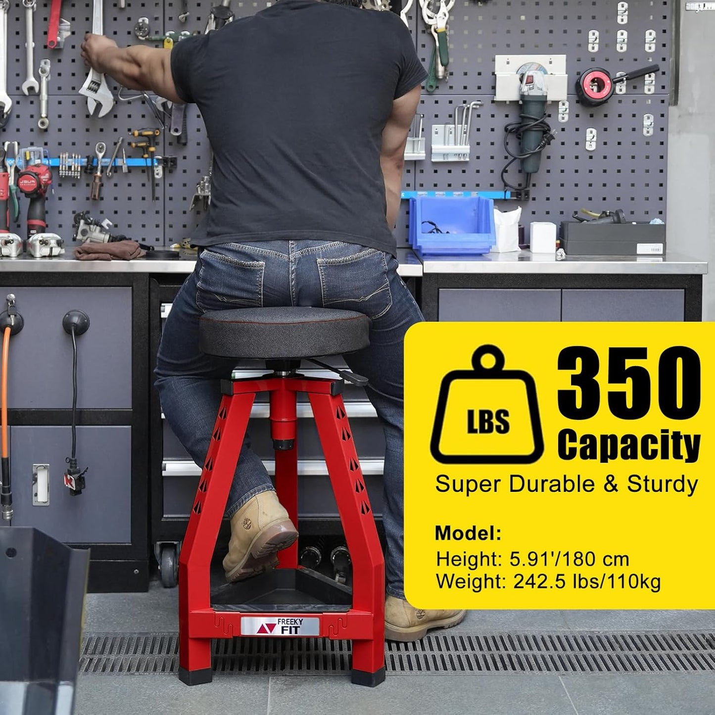 Adjustable Tall Shop Stool, Mechanic Garage Bar Stool Chair, Work Metal Chair for Workshop,360° Swivel Padded Seat, Tool Tray Storage, 350 LBS Capacity, Heavy Duty, Red