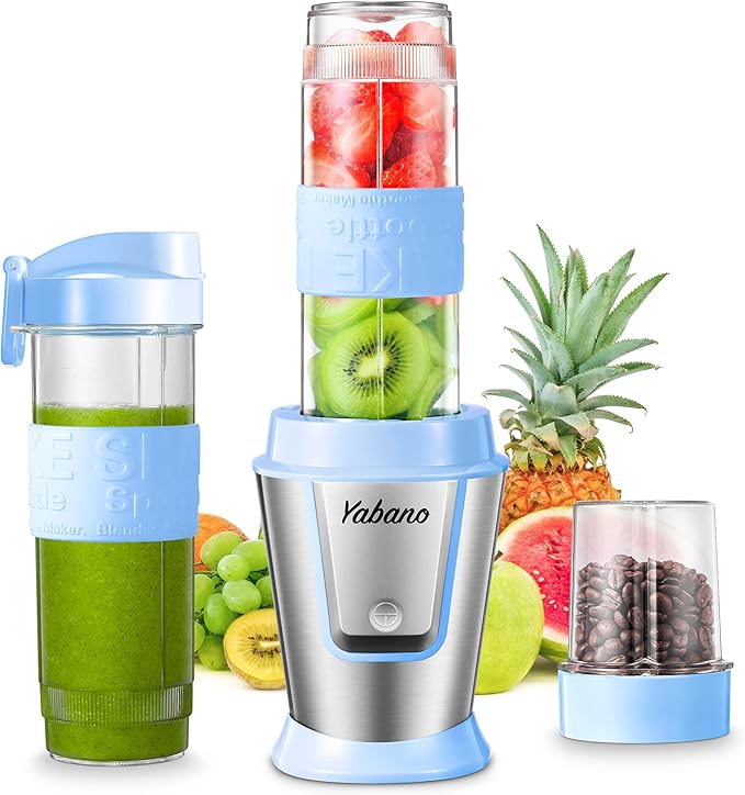 Personal Blender, Electric Shake Bottle with 2 x 20oz Travel Bottle and Coffee/Spices Jar, Portable Shaker Cups for Protein Shakes, 500W Single Serve Blender for Shakes and Smoothies, Sports(Blue)