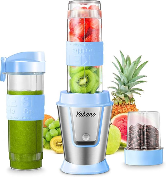 Personal Blender, Electric Shake Bottle with 2 x 20oz Travel Bottle and Coffee/Spices Jar, Portable Shaker Cups for Protein Shakes, 500W Single Serve Blender for Shakes and Smoothies, Sports(Blue)