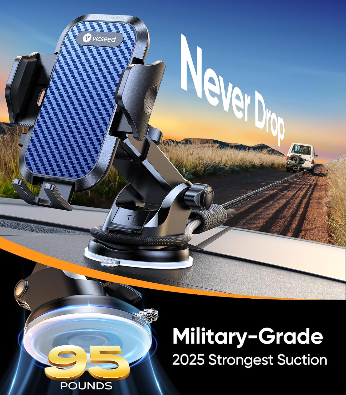 VICSEED Dark Blue Phone Holders for Your Car [Upgraded True Military-Grade Strongest Suction] Cell Phone Mount for Car Dashboard Windshield Vent Truck Boat Stand Adjustable for iPhone Android