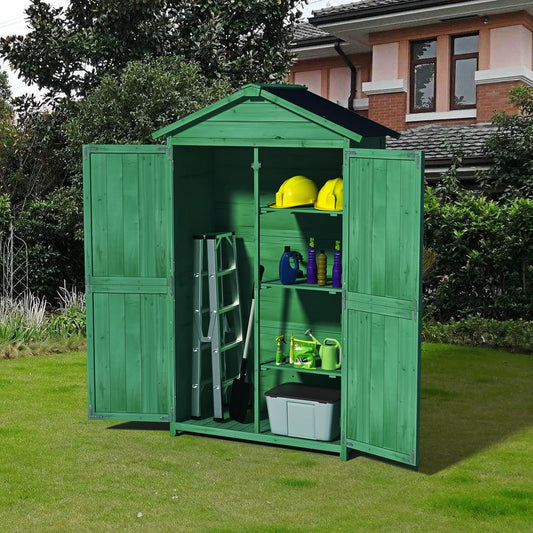 35.6" Outdoor Storage Shed,Wooden Shed with 4-Tier Removable Shelves,Garden Tool Cabinet W/Double Doors & Handles,All Weather Waterproof House W/Sloped Waterproof Asphalt Roof,Forest Green