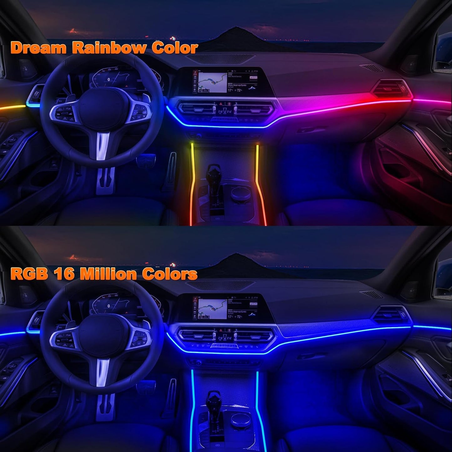 Acrylic LED Lights - Interior Car Ambient Lighting Kits with Dynamic Rainbow Dream Color Chasing, Music Sync (10 in 1(4*29.5+43.3+14.5 inches+4 Footwell Lights))