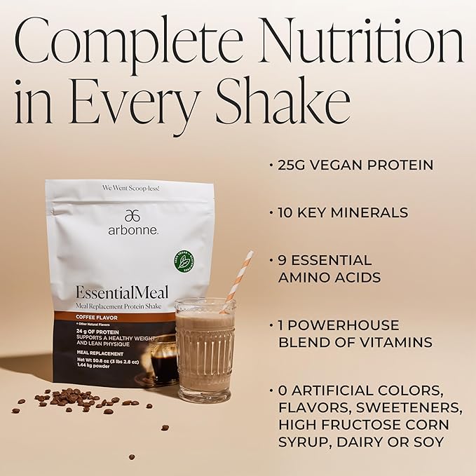 Arbonne EssentialMeal Meal Replacement Shake - Protein Shake, Vegan Protein Powder, Complete Daily Nutrition, Coffee