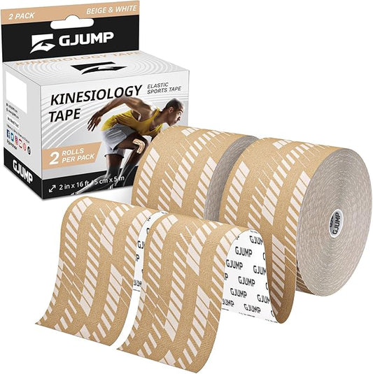 Kinesiology Tape, 2 Rolls Hypoallergenic Athletic Tape for Muscle Strain Relief & Joint Support, Waterproof & Breathable Sports Tape for Pain Relief, 2in x 16ft Uncut Roll-Stripe (Beige)