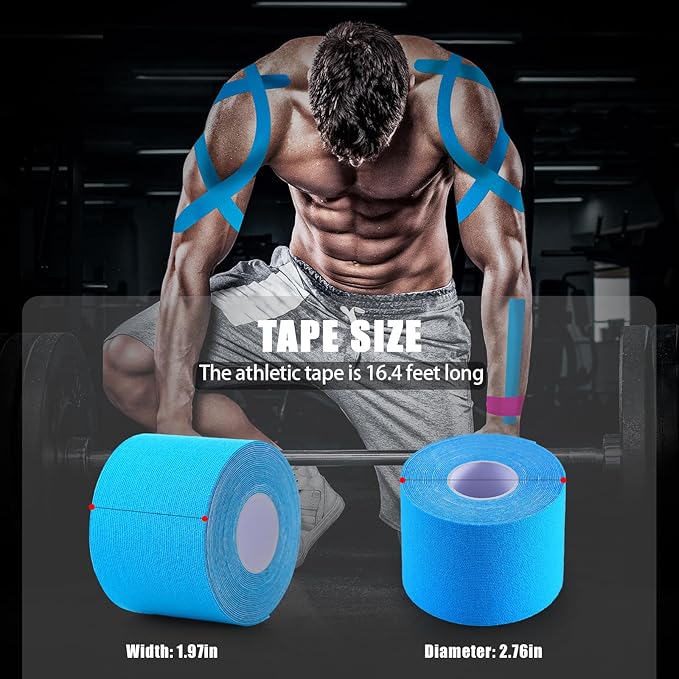 Kinesiology Tape (4 Rolls Pack),Waterproof Athletic Tape for Pain Relief,Brace & Elastic Supports Tapes for Ankle Wrists Knees Joints,2 Inches Wide x 16.4 Feet Long (Blue)