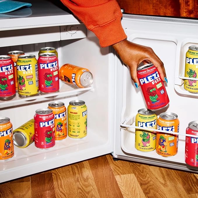 PLEZi FiZZ Orange Mango Sparkling Juice - Healthy Soda Alternative with Real Fruit Juice, No Added Sugar - Low Sugar Sparkling Drink - Good Source of Fiber, 12 Fl Oz (12 Pack)