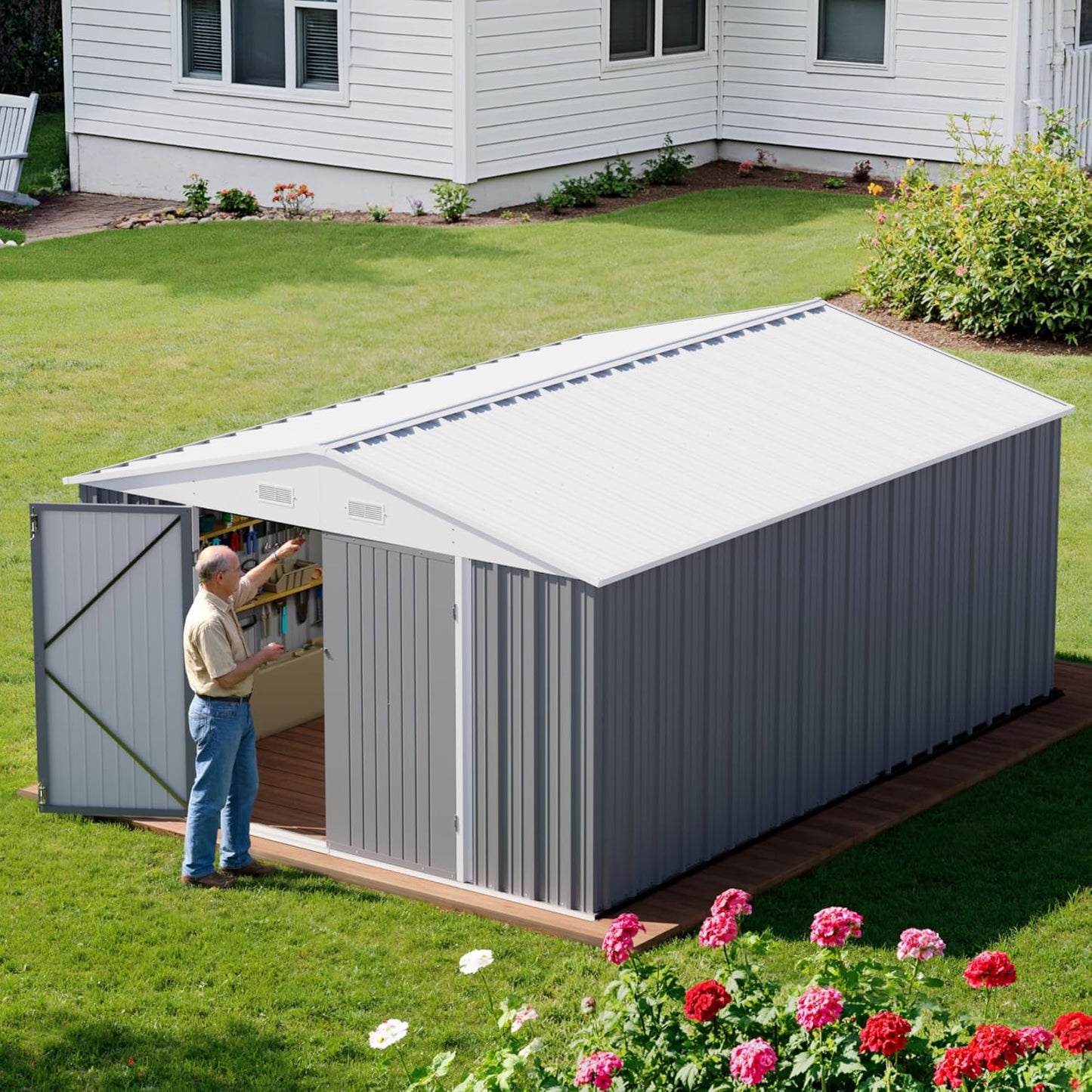 Greesum 10×14 FT Outdoor Storage Shed, Metal Storaged Sheds Without Floor, Tool Sheds with Lockable Doors and Sloping Roof for Garden, Patio, Backyard, Gray