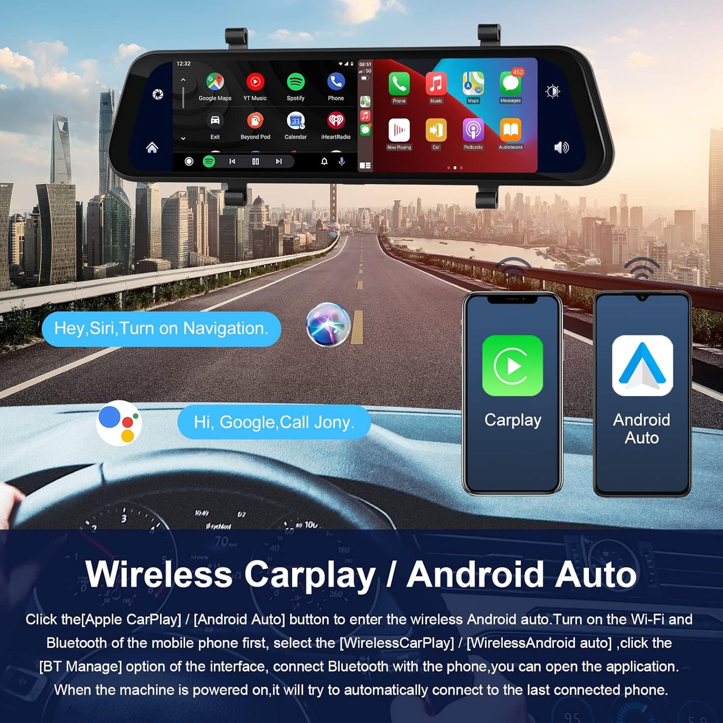 Car in-Mirror Mounted Dash Cam with Front & Rear View Camera Wireless Carplay Android Auto Car Driving Recorder with 9.66 Inch IPS Touchscreen Support DVR Voice Control Bluetooth Call FM Transmitter