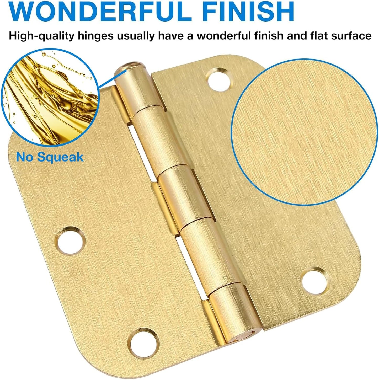 3 Pack Round Door Hinges 3-1/2" x 3.5 inch, 5/8 Radius, Brushed Brass 3 ½ Inch Satin Gold House Interior Hinge for Bed/Living/Guest/Pantry/Storage/Study/Work Room Doors Heavy Duty Iron Hardware Kit